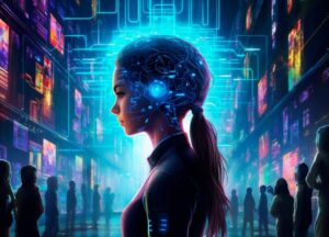 Futuristic figure with digital enhancements.