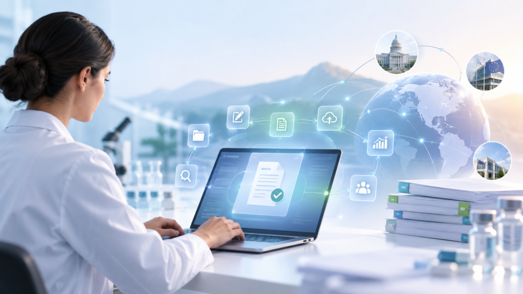 Scientist working on digital documents