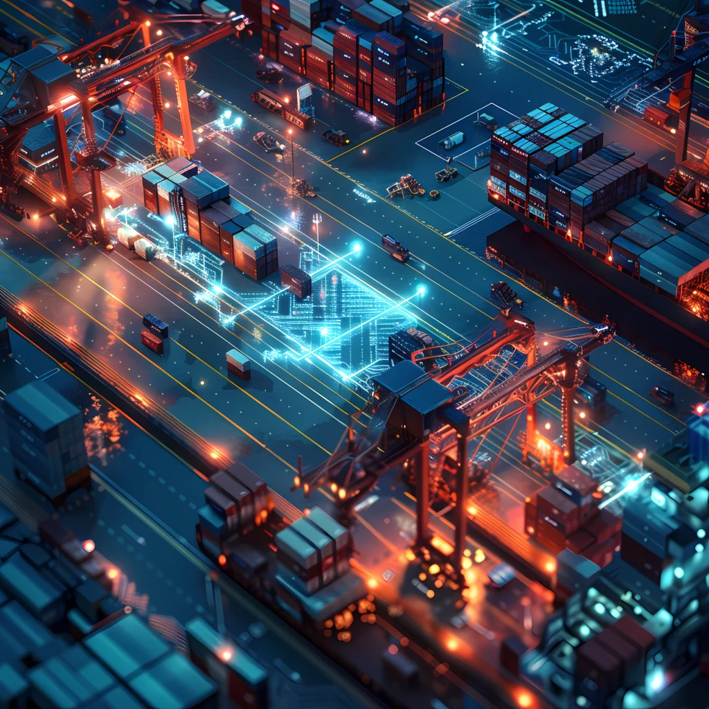 Futuristic port with automated containers.