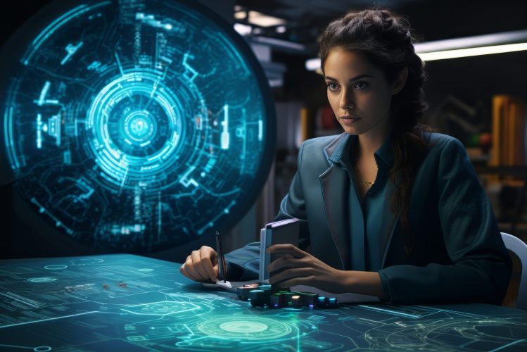 Woman analyzing data on futuristic interface